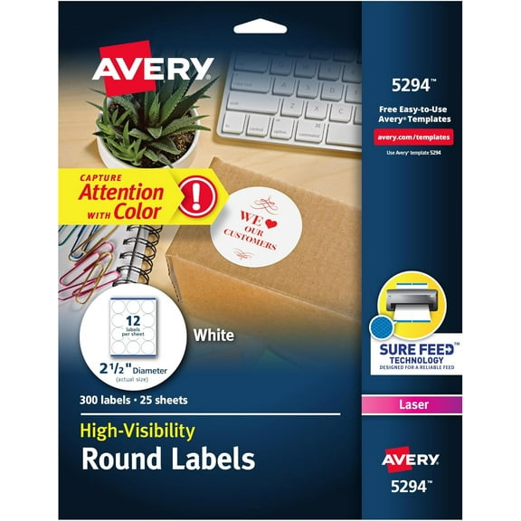 Round Printable Labels, 2.5" Diameter, Matte White, Sure Feed Technology, Laser & Inkjet Compatible, 300 Blank Labels Total, Great for Branding, Packages, School Supplies, and More (5294)