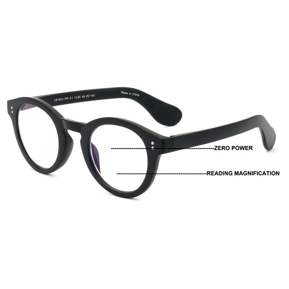 Round Progressive Reading Glasses - Clear Zero Power on Top - No Bubble or Line - Anti Blue Reader CR19 +2.50