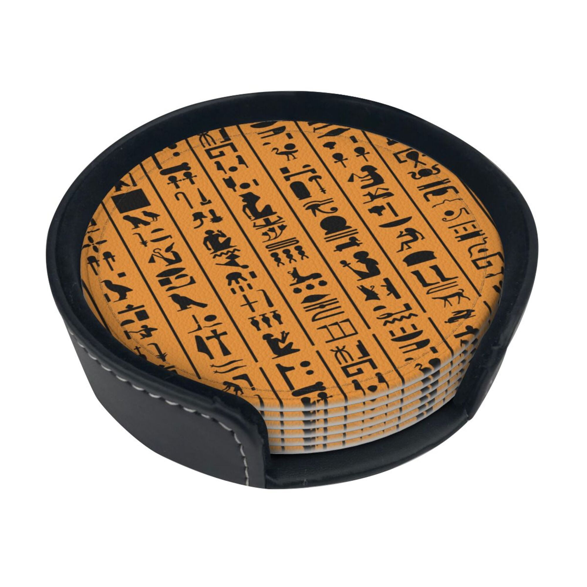 Round Pu Leather Coaster Egyptian Hieroglyphs Or Ancient Egypt Letters Heat Resistant Beverage