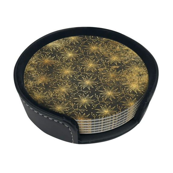 Round Pu Leather Coaster Ethnic Boho Pattern Golden Heat - Resistant Beverage Cup Mat-Fancy Decor For Kitchen,Office,Dining Room Table - Drink Protector 6-Slice