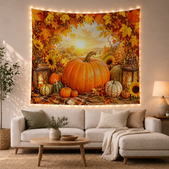 Round Pumpkin Curved With Stem Surrounding Smaller Pumpkins, Mystical Fantasy for Space Lovers, Galaxy Room Decor, Halloween Gift, Tapestry Wall Hanging for Bedroom and Dorm