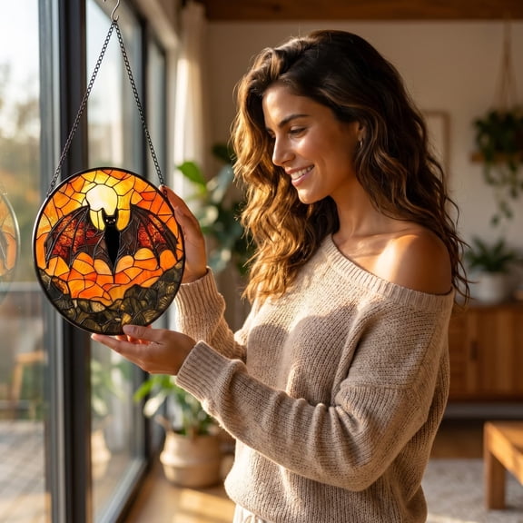 Round Pumpkin Ghost Bat Stained Glass Suncatcher, Light Filtering Foldable Reusable Hanging ornament, Seasonal Window Accent for Indoor Doorway Covered Outdoor Halloween Party Decor Gifting