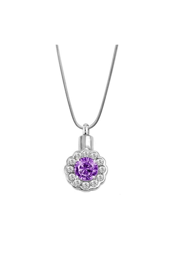 Round Purple Beautiful Crystal Rhinestone Flower Cremation Urn Necklace for Ashes Stainless Steel Memorial Pendant Keepsake Jewelry with Free Funnel Kit and Velvet Jewelry Box