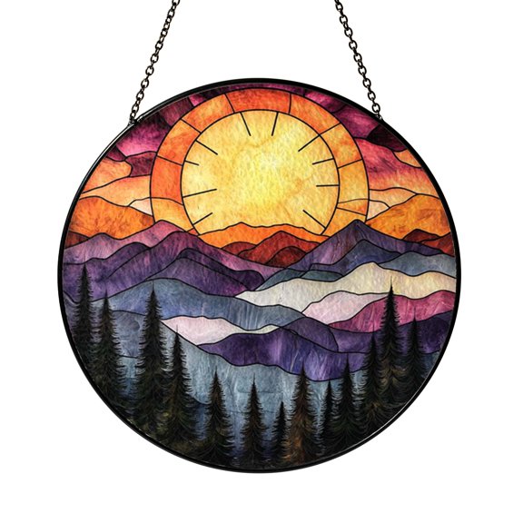 Round Purple Forest Sunset Stained Glass Style Suncatcher, Decorative Landscape Window Art