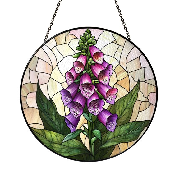 Round Purple Foxglove Stained Glass Suncatcher Window Hanging Decorative Floral Panel for Home Decor Nature Inspired