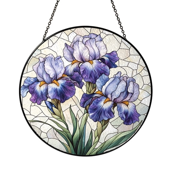 Round Purple Iris Stained Glass Suncatcher Window Hanging Decorative Floral Panel for Home Decor Nature Display