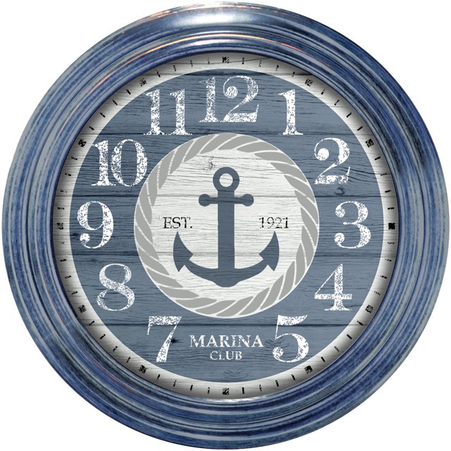 Round Quartz Analog Blue Distressed Nautical Metal Wall Clock