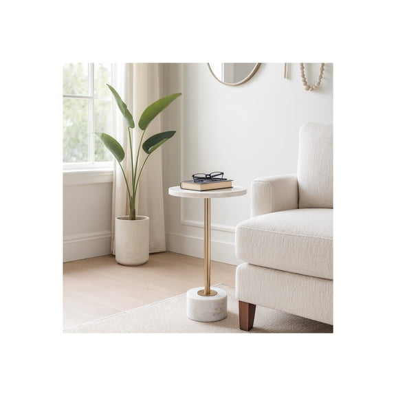 Sagebrook Home Round Quartz End Side Table for Living Room Decor - Modern Accent Sofa Table for Bedroom and Bedside - 24", White & Gold