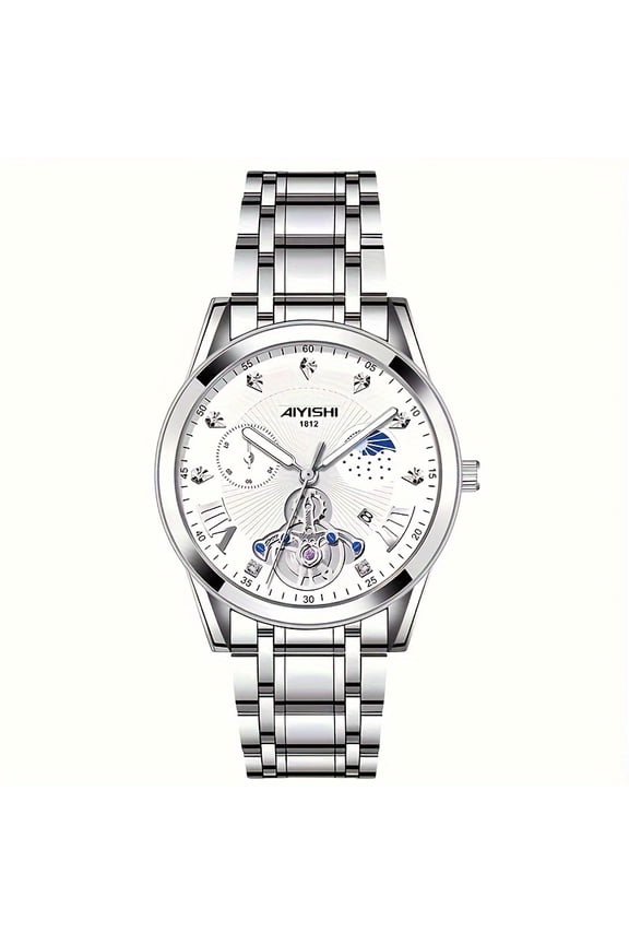 Round Quartz Watch - Date Display, Luminous Scale, Rhinestone Accents, Cool and Handsome Design, Zinc Alloy Case and Strap, Non-Waterproof, Perfect for Daily Life
