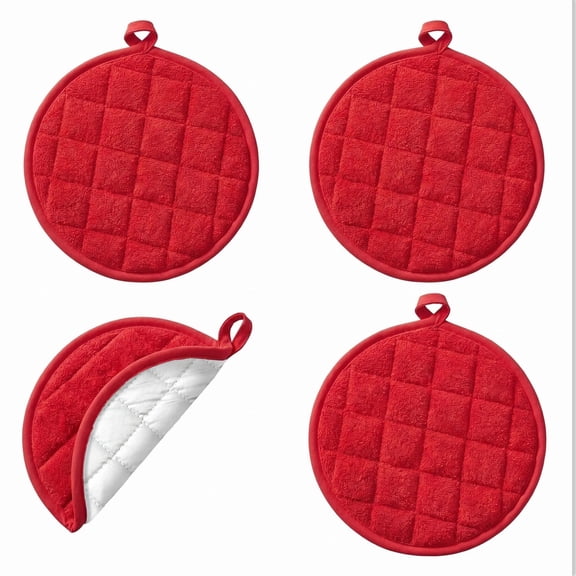 Round Quilted Pot Holders Set, Heat Resistant Cotton Hot Pads with Hanging Loops for Kitchen Cooking Baking, 4 Pack