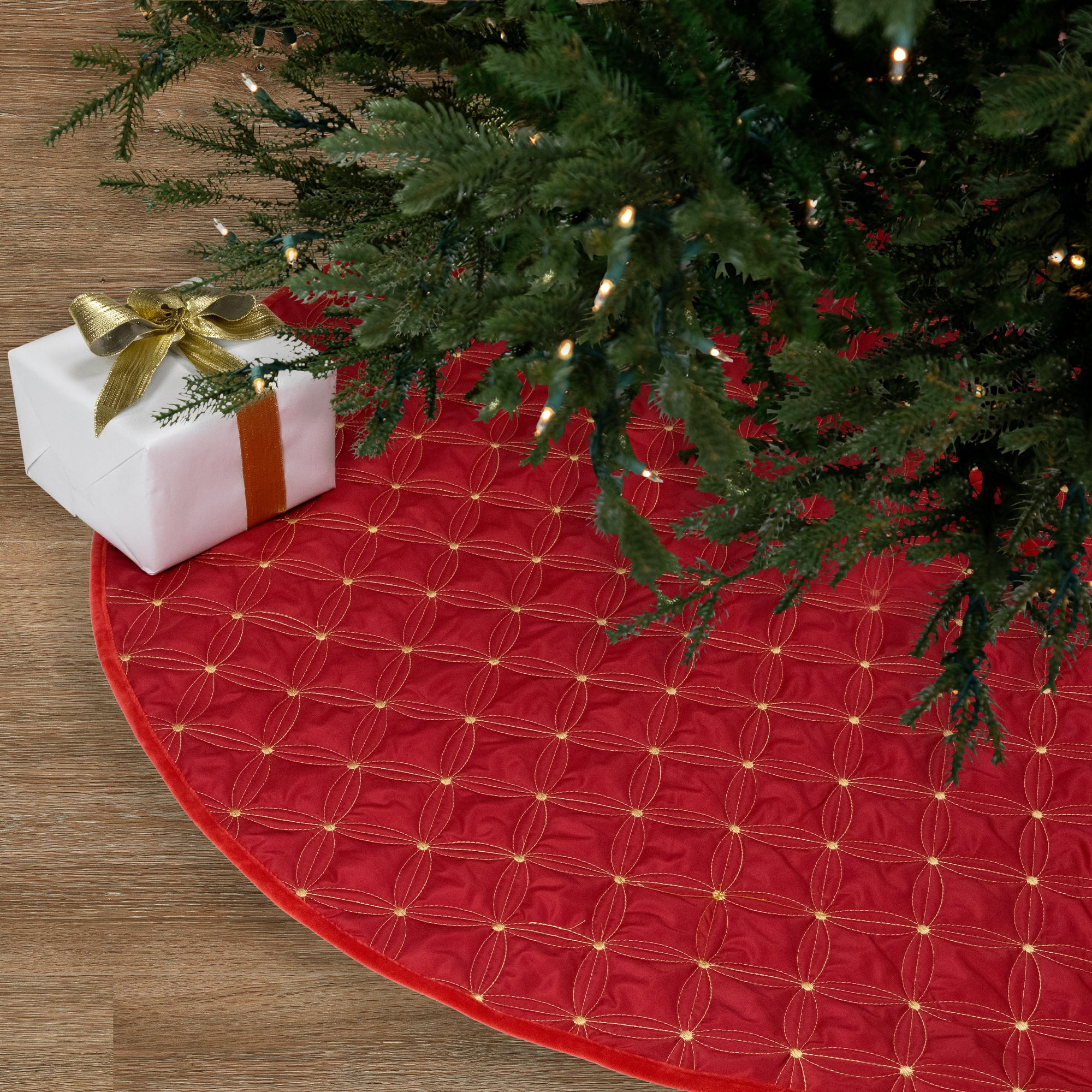 60" Red Quilted Velvet Christmas Tree Skirt