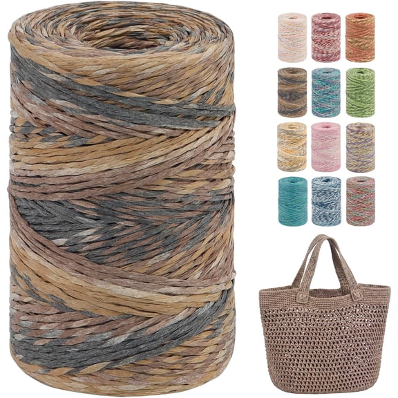 Round Raffia Yarn for Crochet Bags, 1.5mm x 208 Yards Rayon Paper Ribbon Crocheting Sun Hat Beach Bag DIY Crafts Wrapping (Brown Coffee) Brown Coffee Round, 1.5mmx208yd