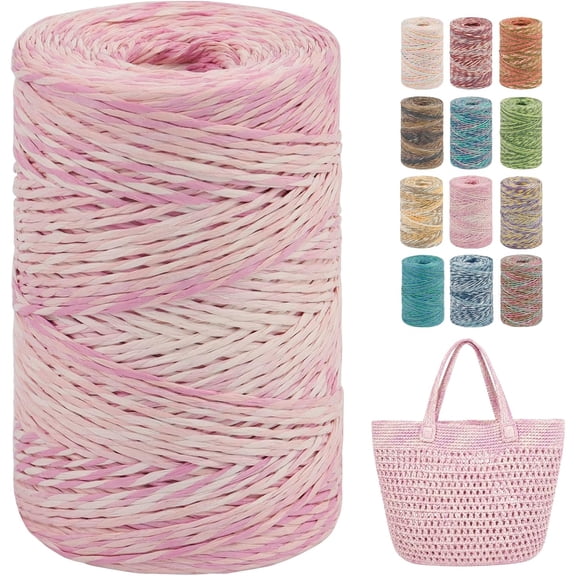 Round Raffia Yarn for Crochet Bags, 1.5mm x 208 Yards Rayon Paper Ribbon Crocheting Sun Hat Beach Bag DIY Crafts Wrapping (Colourful Pink) Colourful Pink Round, 1.5mmx208yd
