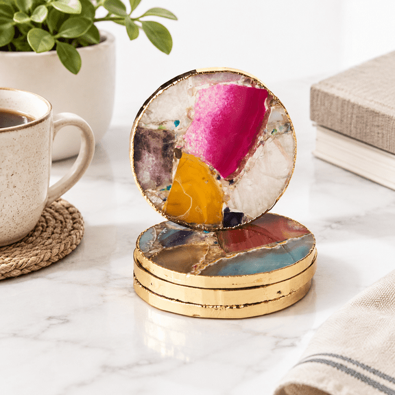Round Rainbow Agate Coasters Set of 4, Crystal Drink Coasters with -Plated Edge, Home Decor