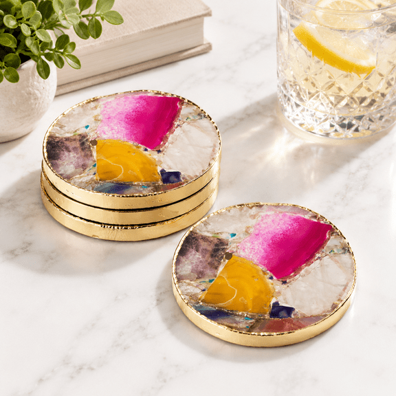 Round Rainbow Agate Coasters Set of 4, Crystal Stone Drink Coasters with -Plated Edge, Home Decor
