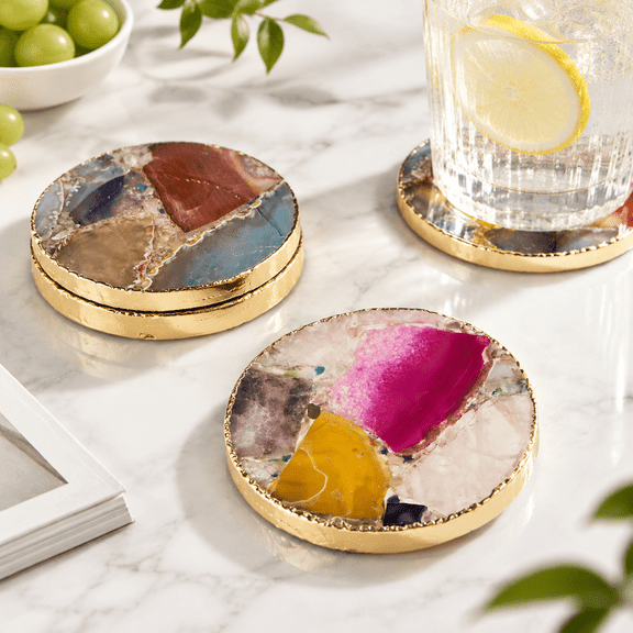 Round Rainbow Agate Coasters Set of 4, Crystal Stone Drink Coasters with -Plated Edge, Home Decor