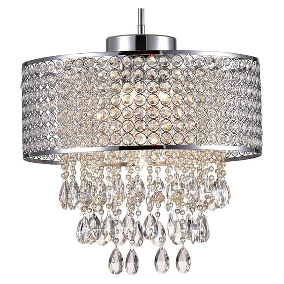 Round Raindrop Crystal Chandelier, 5 Lights Beaded Drum Ceiling Lighting, Adjustable Hanging Pendant Light for Bedroom, Dining Room, Living Room, Kitchen,