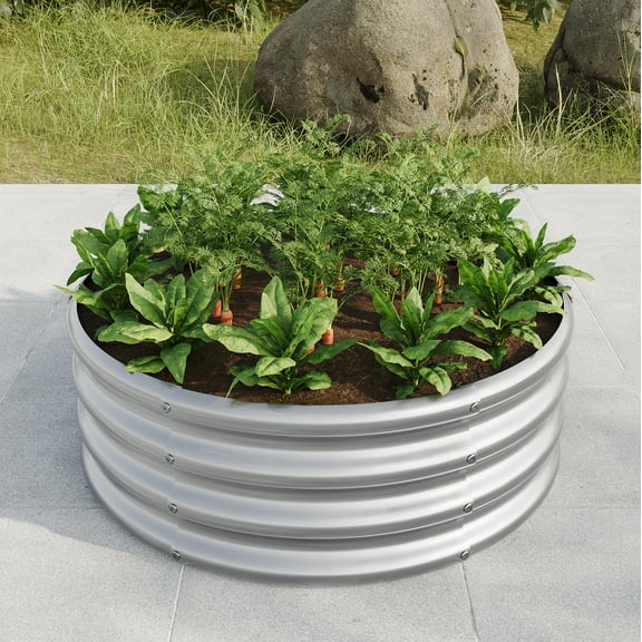 Round Raised Garedn Bed Galvanized Metal Backyard Patio Planter Raised Beds For Flowers Herbs Fruits Vegetables 32.08"x11.4"