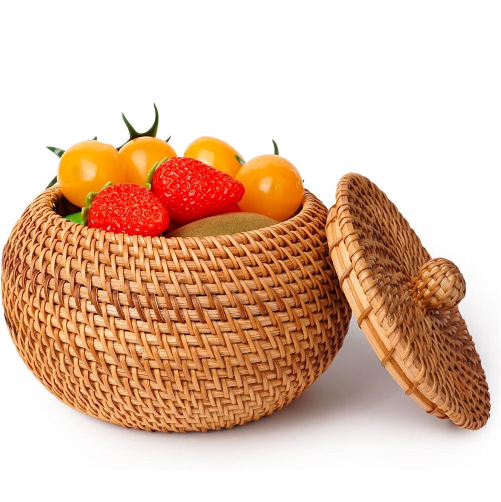 Round Rattan Basket Box with Lid, NOGIS Small Handmade Woven Storage Basket, Multi-purpose Wicker Bowl Decorative Organizer for Shelf, Home, Bathroom Decor（Style A）