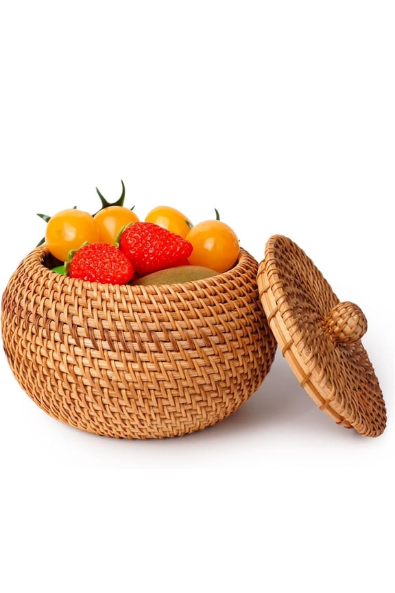 Round Rattan Basket Box with Lid, NOGIS Small Handmade Woven Storage Basket, Multi-purpose Wicker Bowl Decorative Organizer for Shelf, Home, Bathroom Decor(Style A)