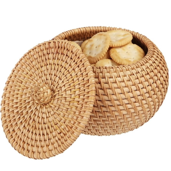 Round Rattan Basket Boxes with Lid,Happon Hand Woven Storage Box Multi-Purpose Storage Baskets Bin,Small Storage Basket for Shelf, Home, Bathroom Decor