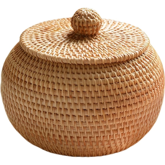 Round Rattan Basket with Lid:Farmhouse Decorative Box,Small Woven Basket Desktop Tray,Multifunctional Storage Wicker Basket for Bread,Cookies,Keys (A)