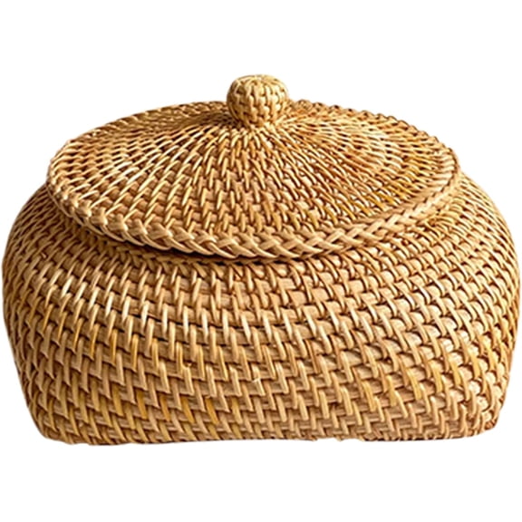 Round Rattan Basket with Lid:Farmhouse Decorative Box,Small Woven Basket Desktop Tray,Multifunctional Storage Wicker Basket for Bread,Cookies,Keys (E)