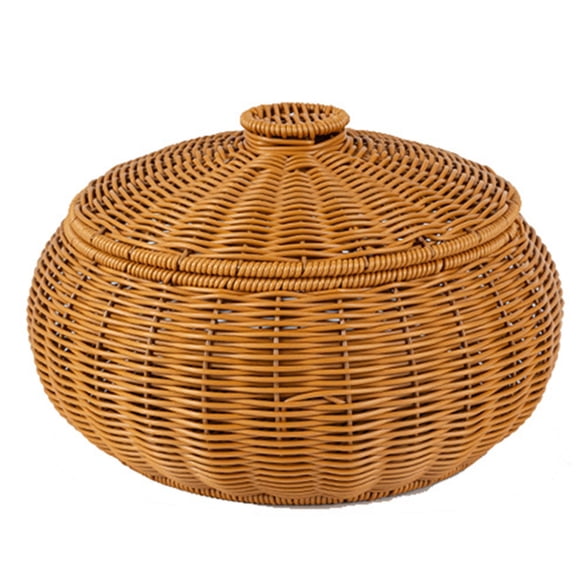 Round Rattan Basket With Lid, Hand-Woven Multi-Purpose Wicker Tray, Table Decorative Storage Baskets, Picnic Bread Fruit Table Storage Basket, for Desktop Woven Kitchen Fruit Bread Basket