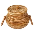 thumbnail image 1 of Round Rattan Basket with Lid - Natural Woven Storage Box with Handle for Farmhouse Home Decor, Picnic, Bread, Fruit, Table Organizer, Anthropology Fall Decor, 1 of 3