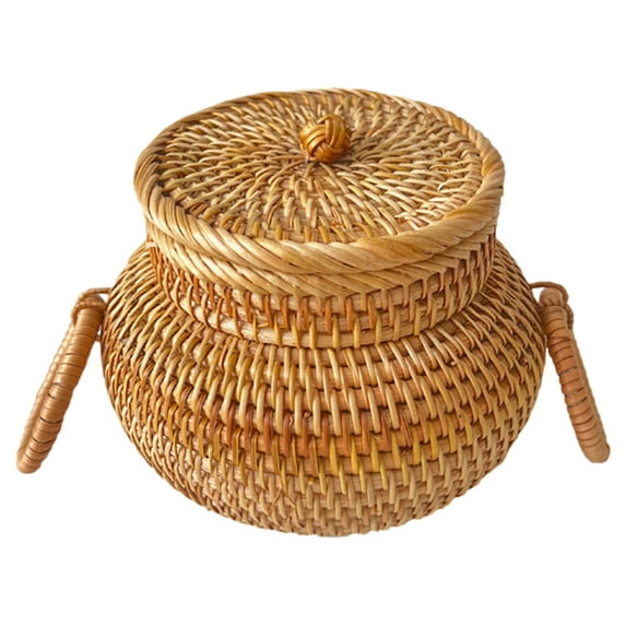 Round Rattan Basket with Lid - Natural Woven Storage Box with Handle for Farmhouse Home Decor, Picnic, Bread, Fruit, Table Organizer, Anthropology Fall Decor