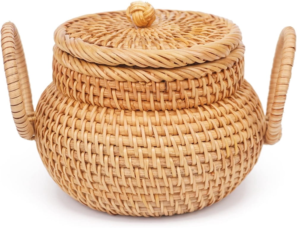 Round Rattan Basket With Lid, NOGIS Hand Woven Storage Box With Handle ...