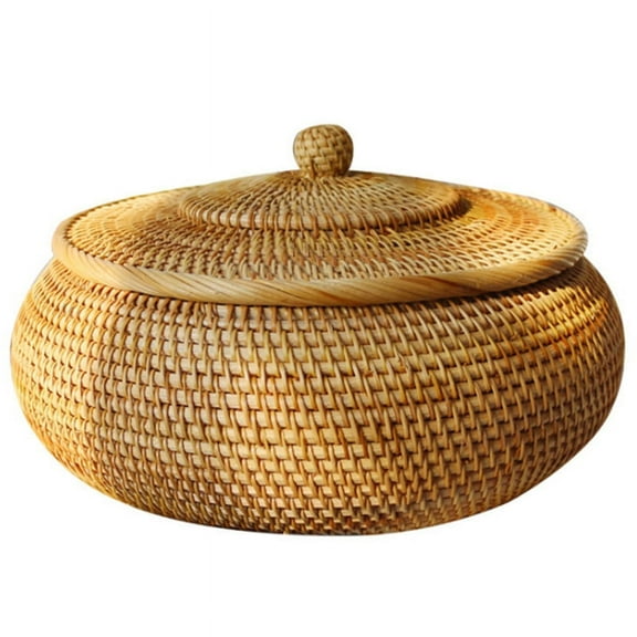 Round Rattan Box,Wicker Fruit Basket with Lid Bread Basket Tray Basket Willow Woven Basket for Bread,