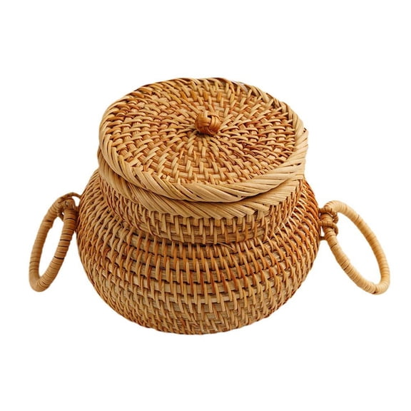 Round Rattan Box with Lid, Hand-Woven Multi-Purpose Wicker Fruit Bread Snack Willow Basket Storage Table Picnic