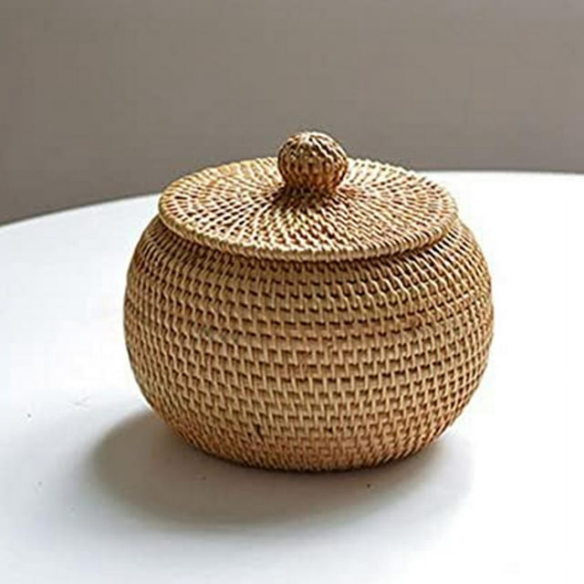 Round Rattan Box with Lid, Hand Woven Storage Box, Multifunctional Desktop Tray Storage Basket Decoration for Home