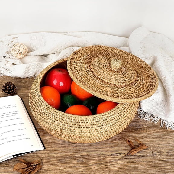 Round Rattan Boxes with Lid, X-Large Woven Bread Basket Natural Rattan Basket Wicker Storage Box Decorative Basket for Coffee Table Farmhouse Picnic Fruit Storage Basket