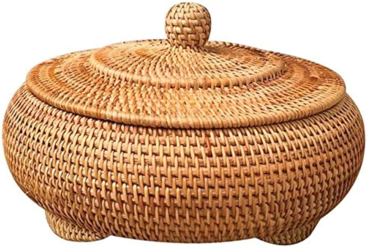 Round Hand-Woven Rattan Basket with Lid for Food Storage