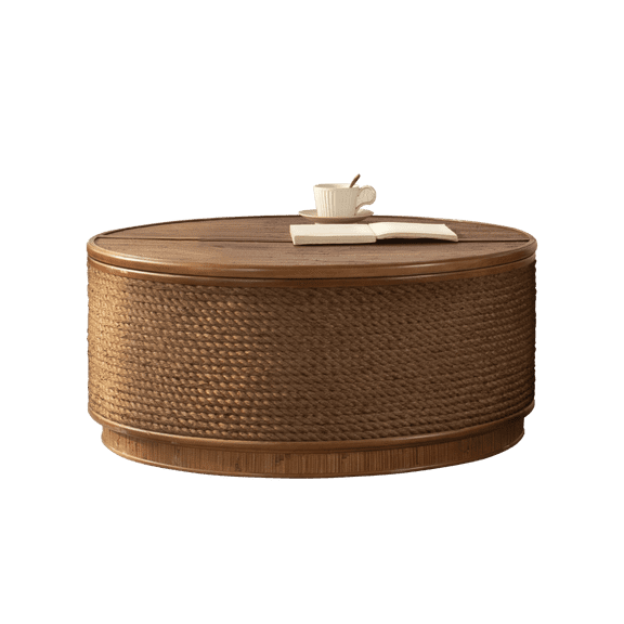 Round Rattan Coffee Table with Lift-Off Lid Storage, Hand-Woven Hemp Rope Trim, Boho Chic Style >