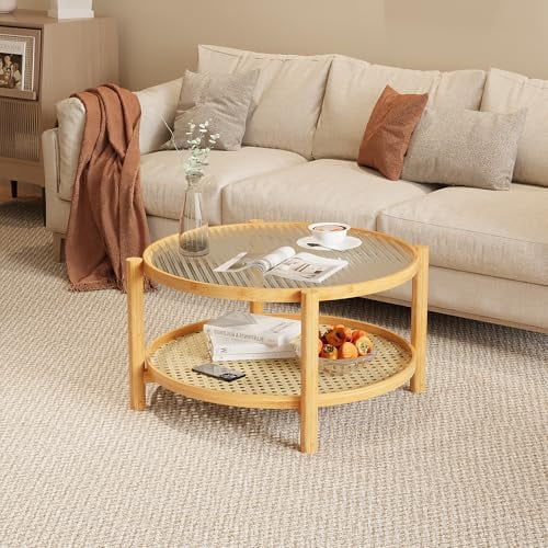 Round Rattan Coffee Table with Storage Shelf, Boho Bamboo Coffee Table with Glass Top for Living Room,Natural$$Furniture