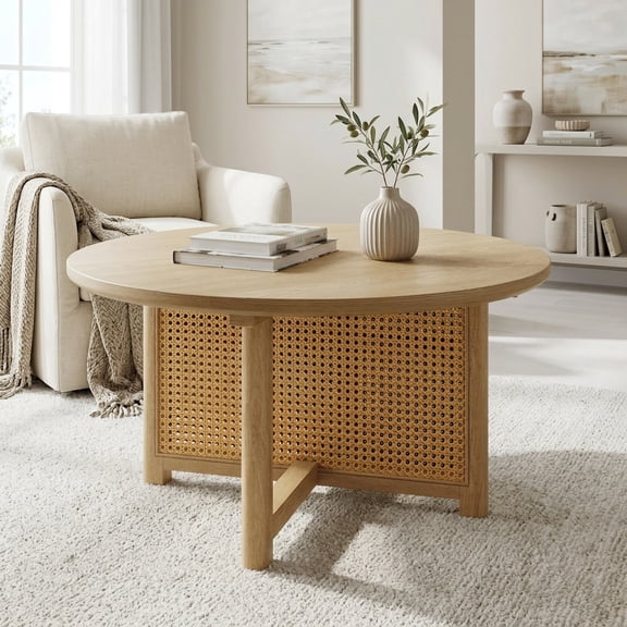 Round Rattan Coffee Table with Wood Frame - Natural Woven Design
