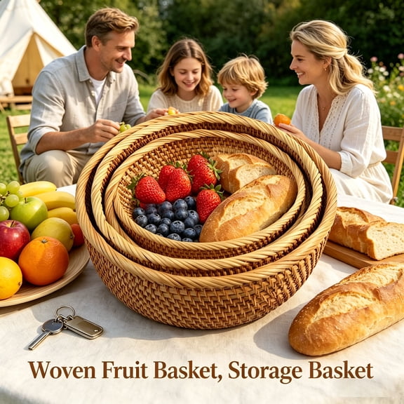 Round Rattan Fruit Baskets for Organizing Wicker Storage Basket Woven Storage Bowls for Key Holder Candy Cake Serving Basket Stackable Tray for Shelf Kitchen Tabletop, S