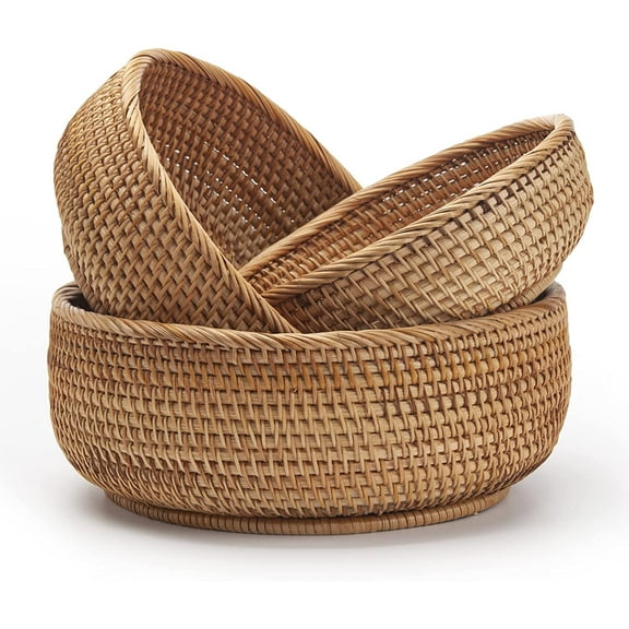 Round Rattan Fruit Baskets Woven Storage Bowls Key Holder Stackable for Shelf Kitchen Tabletop Natural Set of 3