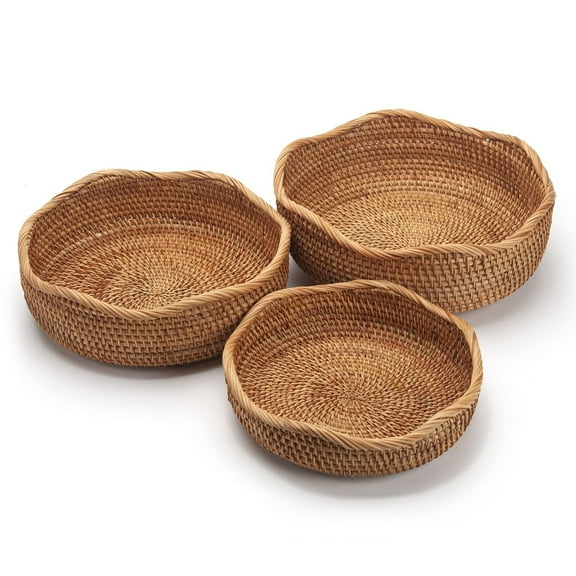 Round Rattan Fruit Baskets Woven Storage Bowls Key Holder Stackable for Shelf Kitchen Tabletop Natural Set of 3