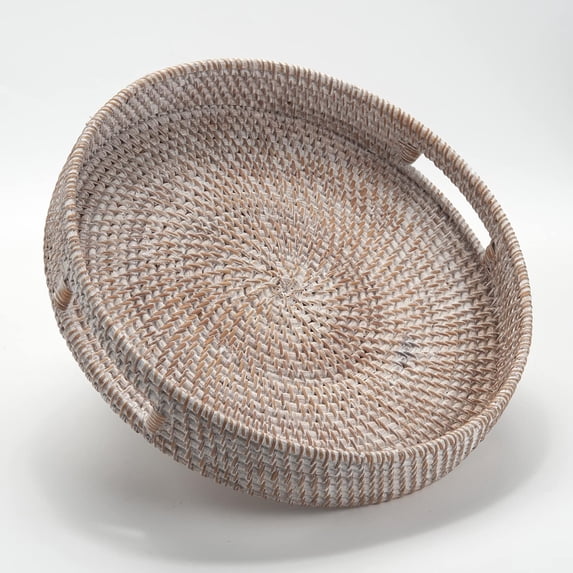 Round Rattan Serving Tray Decorative Woven Ottoman Trays with Handles for Coffee Table Natural
