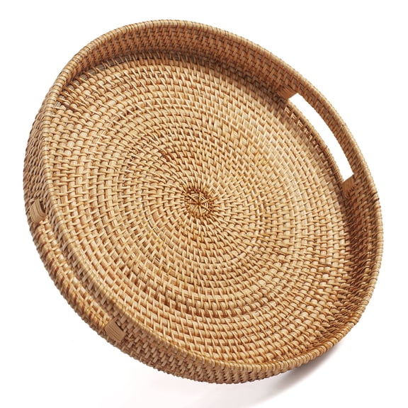 Round Rattan Serving Tray Decorative Woven Ottoman Trays with Handles for Coffee Table Natural
