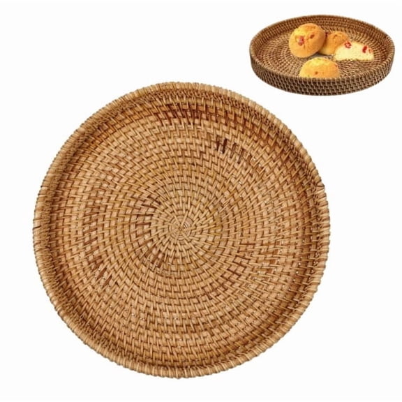 Round Rattan Serving Tray for Dinner Parties and Decor – Wicker Serving Tray, Natural Farmhouse Style Round Tray for Coffee Table, Counter, or Bed Tray