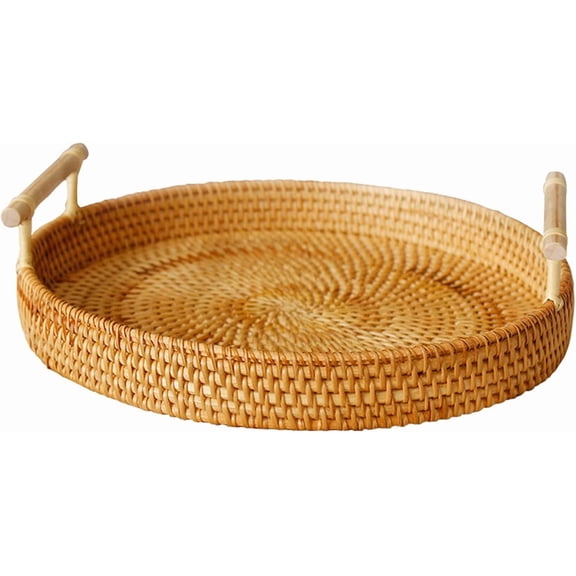 Round Rattan Serving Tray, Hand Woven Large with Handles for Breakfast Snacks