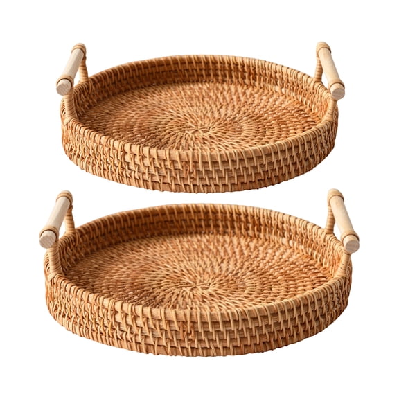 Round Rattan Serving Tray Set Handwoven Rattan Storage Trays with Wooden Handles Decorative Wicker Fruit Basket Organizer Tea Serving Tray Natural Rattan Nesting Tray Set for Home Decor 2pcs Set