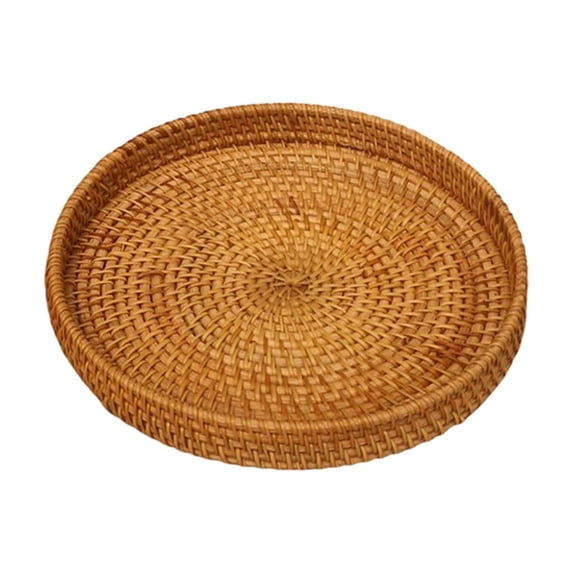Round Rattan Serving Tray Woven Basket Home Decor Organizer for Breakfast Tea Snack Fruit Coffee Storage, Hand Woven Platter for Parties and Dining,8.6x1.2 Inch