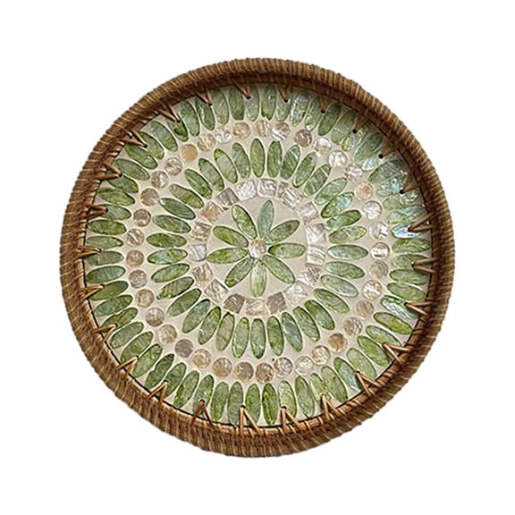 Round Rattan Serving Tray with Mother-of-Pearl Inlay Natural Shell Decoration Durable Wooden Frame for Dining Table Centerpiece or Home Decor