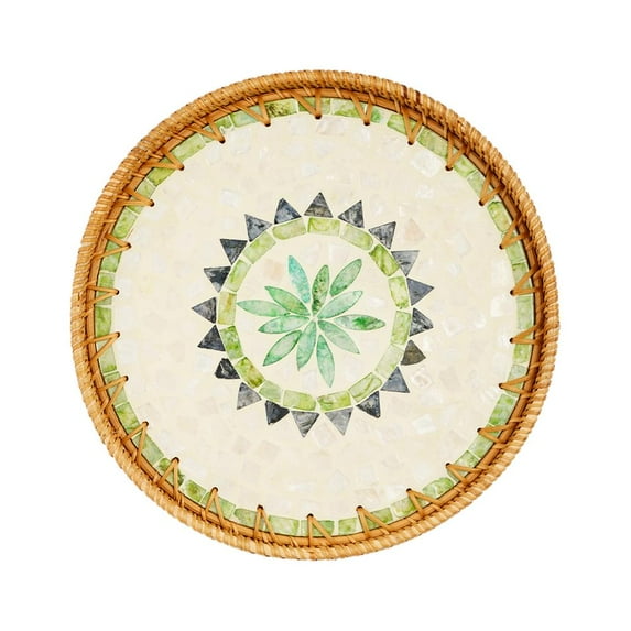 Round Rattan Serving Tray with Mother-of-Pearl Inlay Natural Shell Decoration Durable Wooden Frame for Dining Table Centerpiece or Home Decor